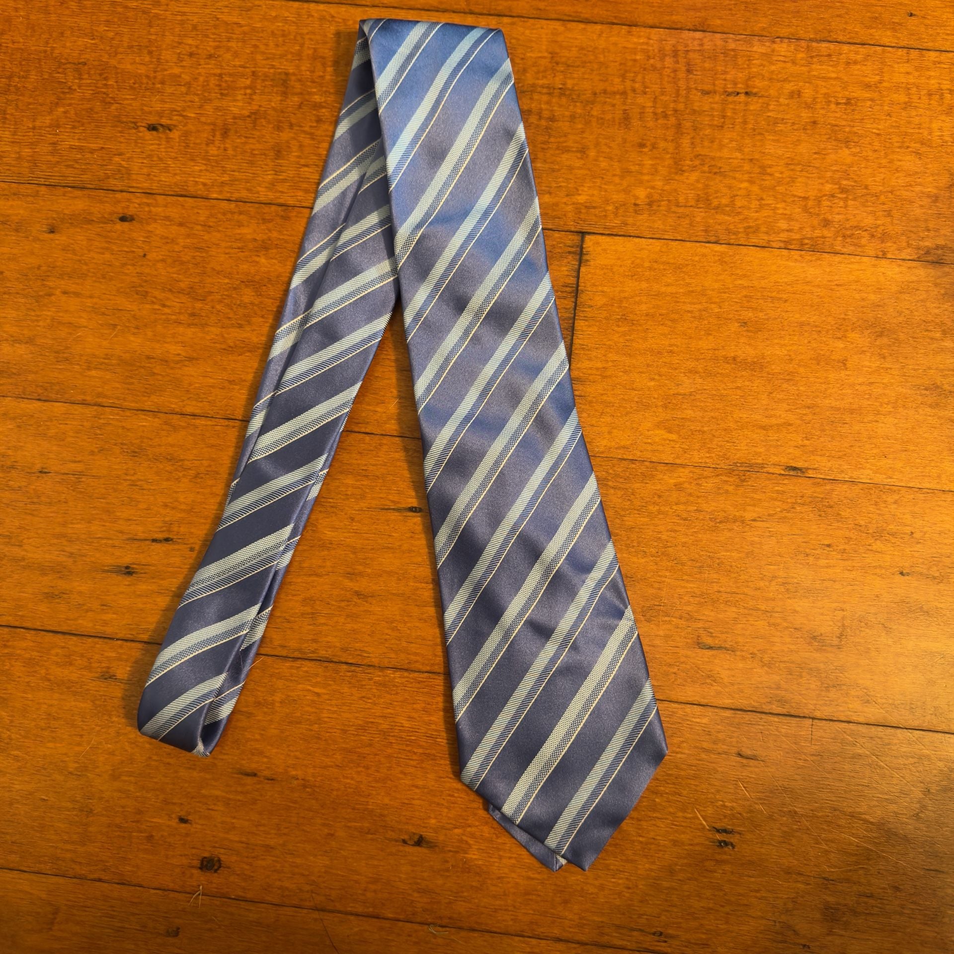 Kiton Napoli Blue And White Diagonal Stripe Silk Necktie